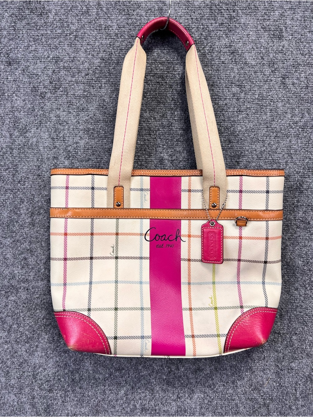 Coach Cream Plaid Tote with Bright Pink Stripe and Pink Accents